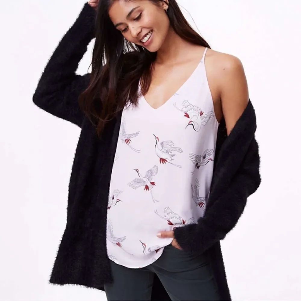 LOFT Crane Print Strappy Cami Blouse in Pink/Lavender Size XS
